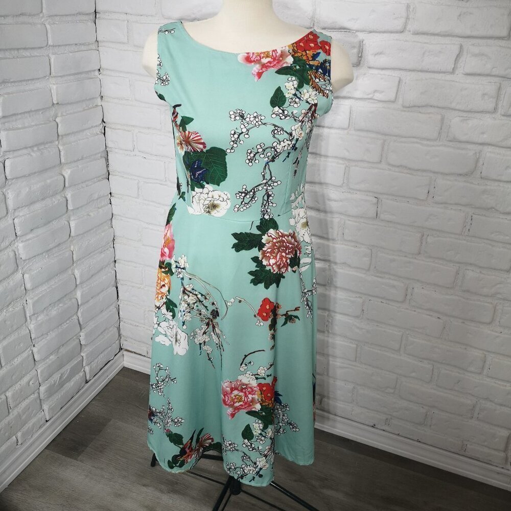 Mint Green Floral Midi Dress with Boat Neck